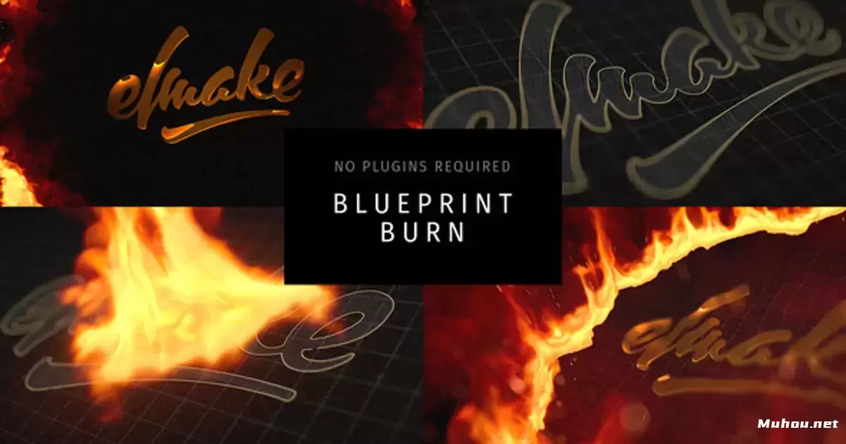 图片上的火焰燃烧出现logo标志AE模版Blueprint Burn