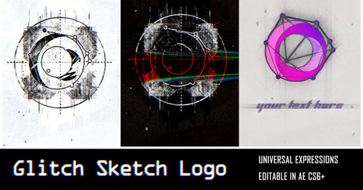 手绘设计师logo草图标志AE模版Glitch Sketch Logo