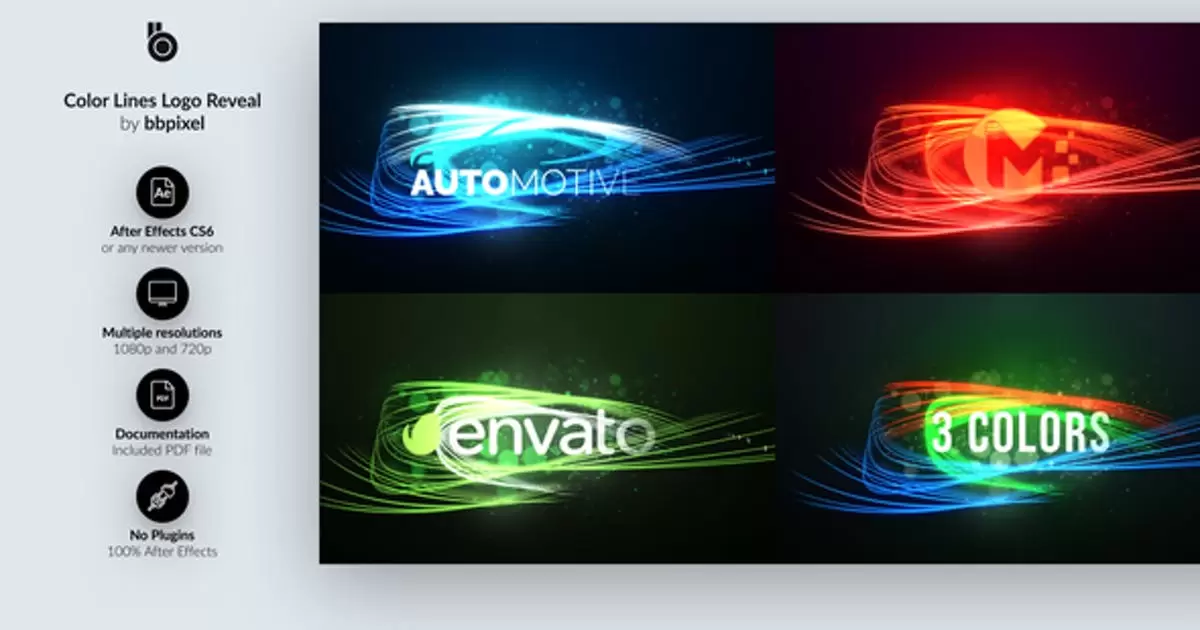 彩色线条发光logo标志显示AE模版Color Lines Logo Reveal