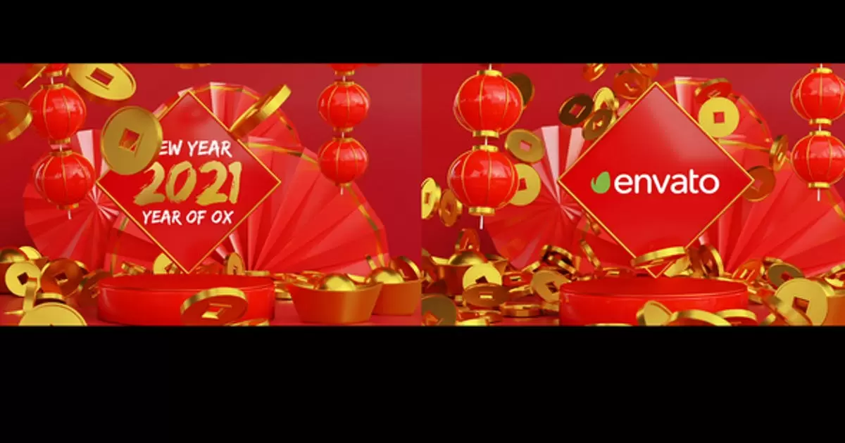 中国风红色新年标志片头3D AE模版Chinese New Year Logo Reveal 3D