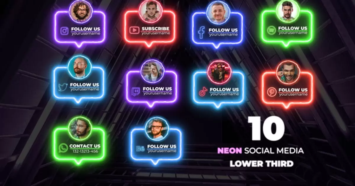 霓虹灯社会下栏目包装人名条AE视频模版Neon Social Lower Thirds