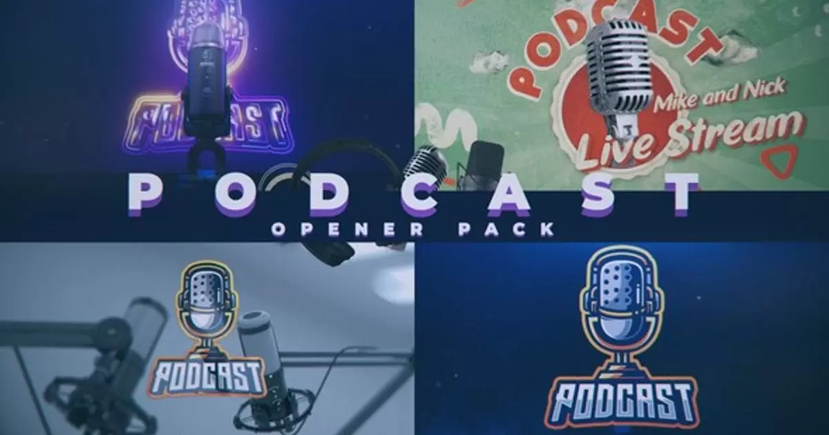 播客麦克风播音主持人片头logo标志AE视频模版Podcast Opener Pack