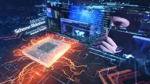 带有未来派故障效果的数字微芯片演示AI电路板和芯片AE视频