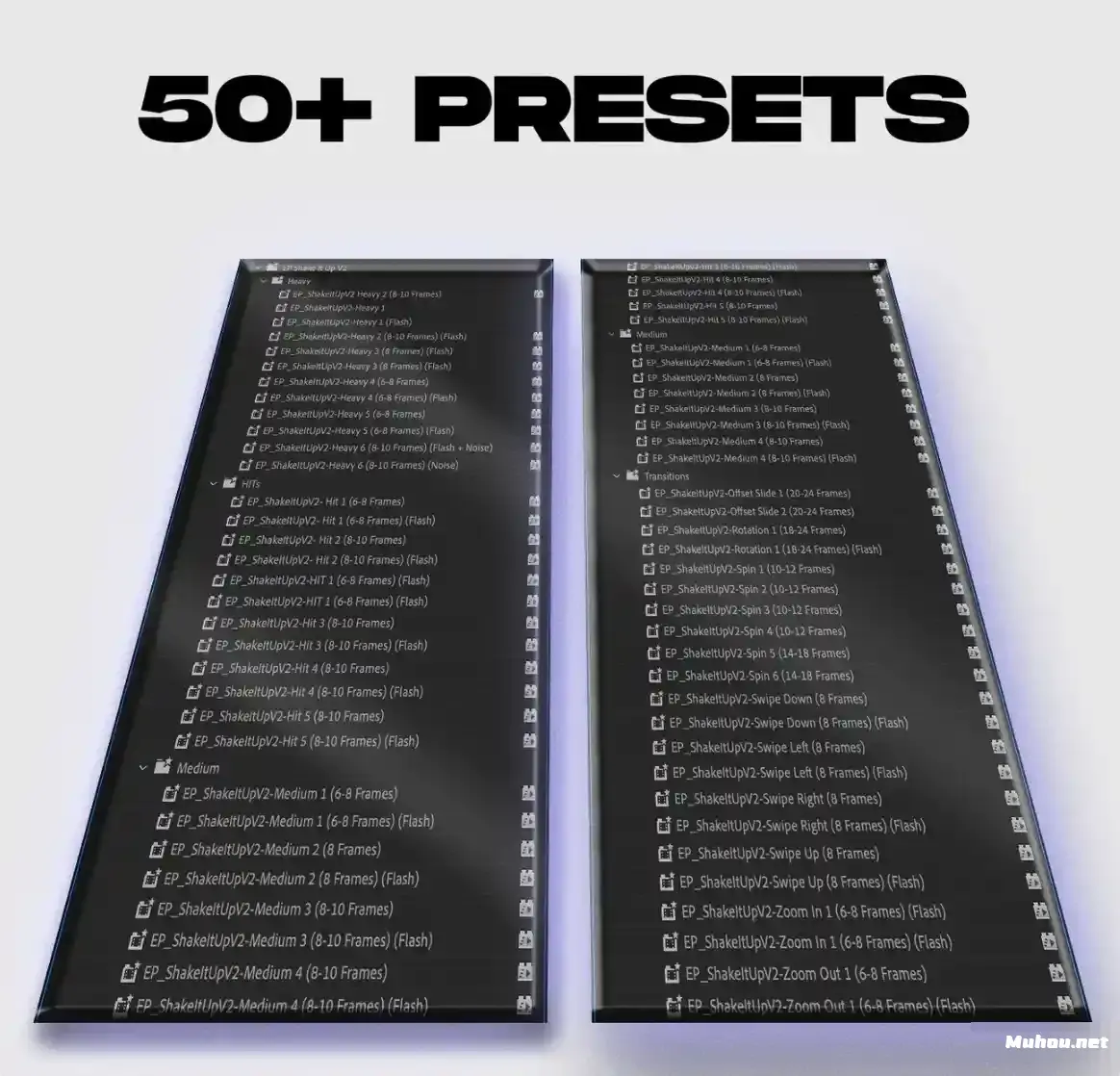 PR/AE 剪辑必备:Shake It Up V2 :50+ 款带真实运动模糊的镜头抖动转场包