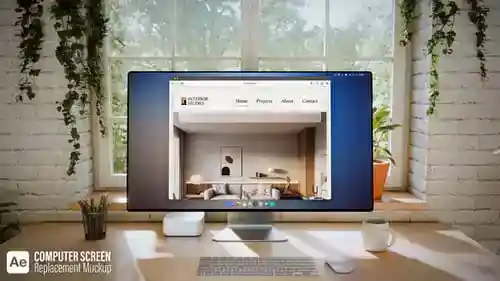 电脑显示器屏幕动画-放大和相机移动-3d明亮的办公室AE视频