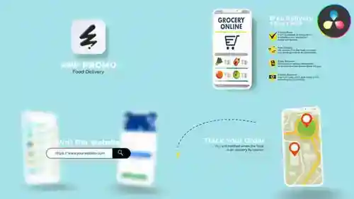 用于食品配送的动画平面设计移动应用程序促销,片头英尺。应用程序和食品配送达芬奇模板