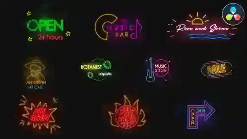 霓虹发光文字动画达芬奇模板,带烟雾特效与手绘描边效果