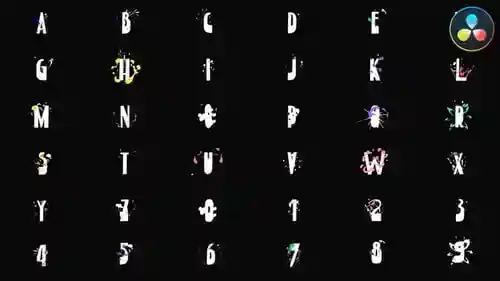 卡通风格字母数字动态文字达芬奇模板,彩色墨迹飞溅转场效果