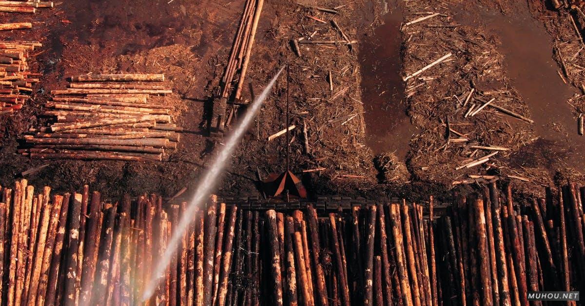 2711311|伐木场湿润的木头航拍4KCC0视频素材插图