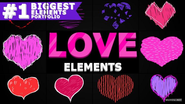 AE模板|10套卡通爱情心形可爱手绘元素4K视频模板#Cartoon Love Elements