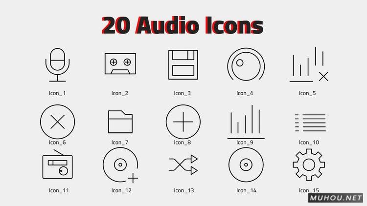 AE模板|音频图标20个动画线稿视频素材模板#Audio Icons