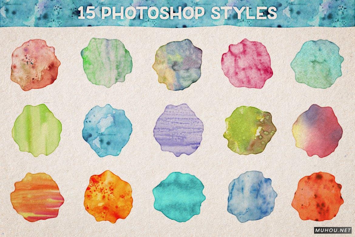 PS笔刷-15种逼真的水彩Photoshop样式，25种手工Photoshop笔刷，15种无缝Photoshop图案Watercolor Magic Volume 1插图4