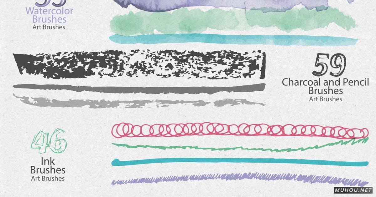 AI笔刷-53套水彩笔+59组竹炭和铅笔刷（美术刷）下载Collection of Hand Made Brushes
