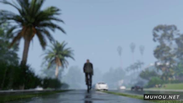 在雨中骑自行车的男人 落寞的背影4K实拍视频Man On Bicycle Rides Under The Rain插图