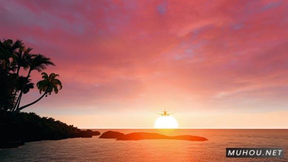飞机 落日黄昏的海滩背景视频Airplane Fly Above Sea At Sunset插图