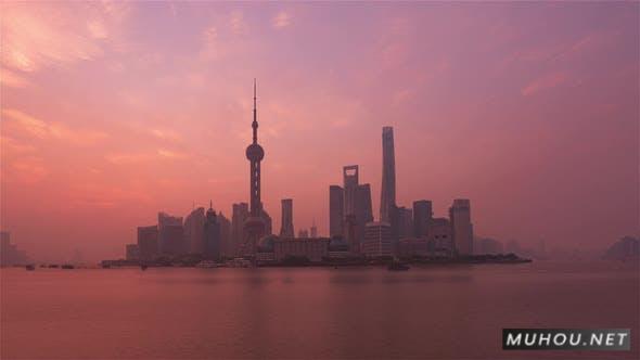 国上海-从外滩看日出的上海天际线4K视频素材Shanghai, China - Sunrise Shanghai Skyline as seen from the Bund