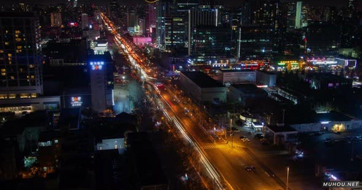 北京夜间空中城市景观与道路交通4K视频Beijing Night Aerial Cityscape with Road Traffic China Zoom Out