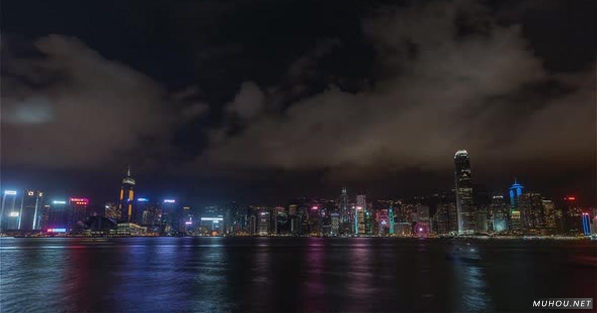 中国香港 | 夜间天际线的广角实拍4K视频