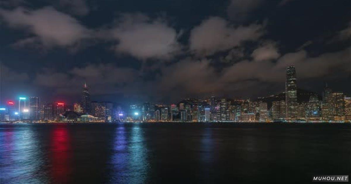 中国香港 | 夜间标志性天际线的广角视图4K视频