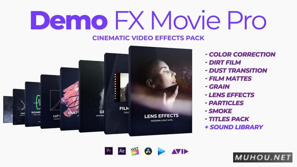 粒子光效烟雾老电影噪点划痕炫光LUTs调色音效特效视频素材包 Demo FX Movie Pro Cinematic Effects