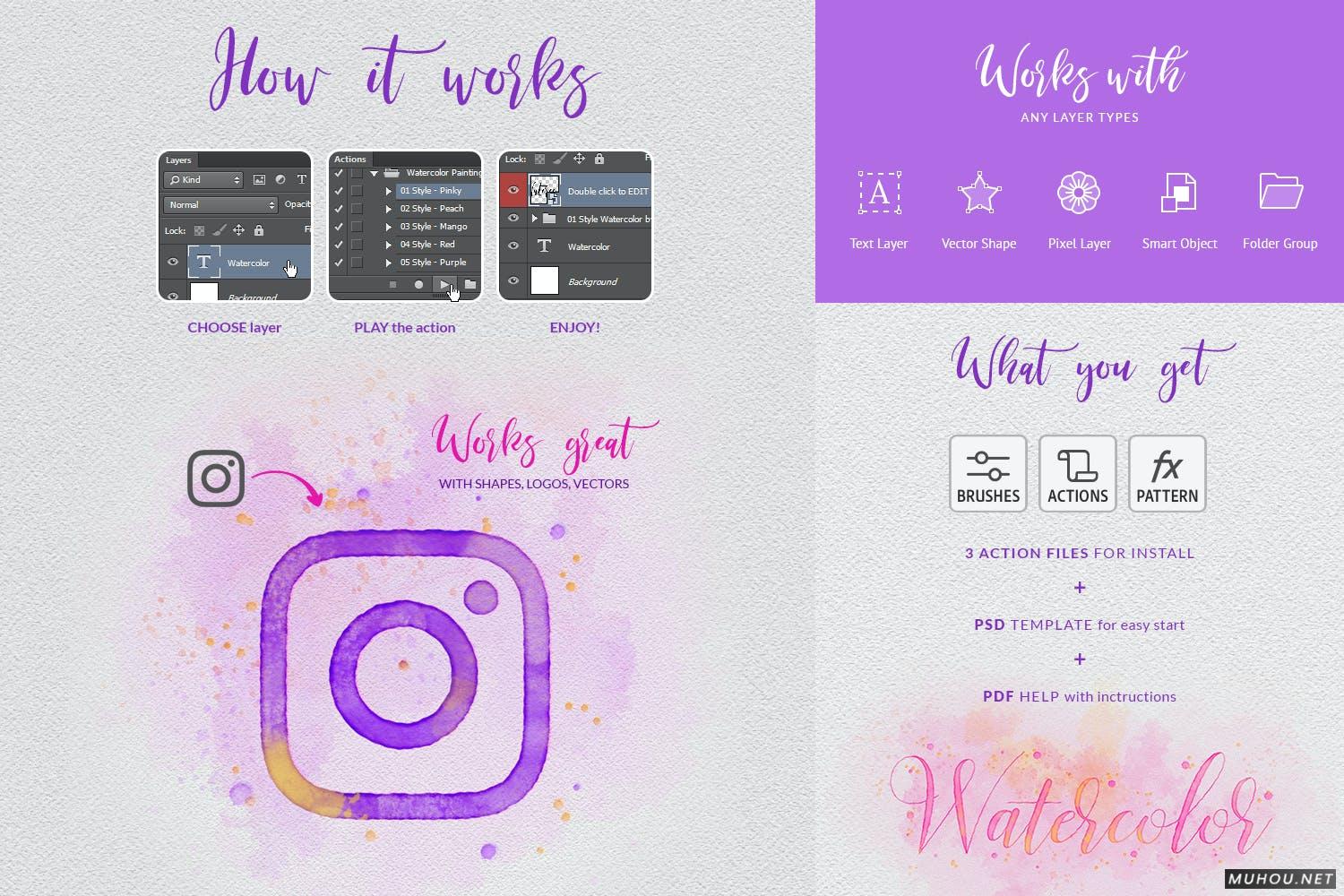 PS笔刷-12种不同效果水彩画笔触效果下载Watercolor Painting - Photoshop Action插图3