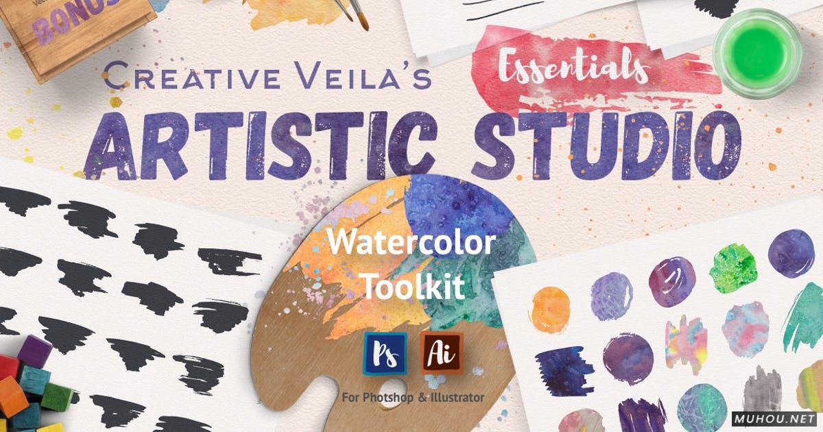 PS/AI笔刷-38个无缝柔和纹理+16个手绘飞溅笔刷素材下载Artistic Studio: Watercolor Toolkit