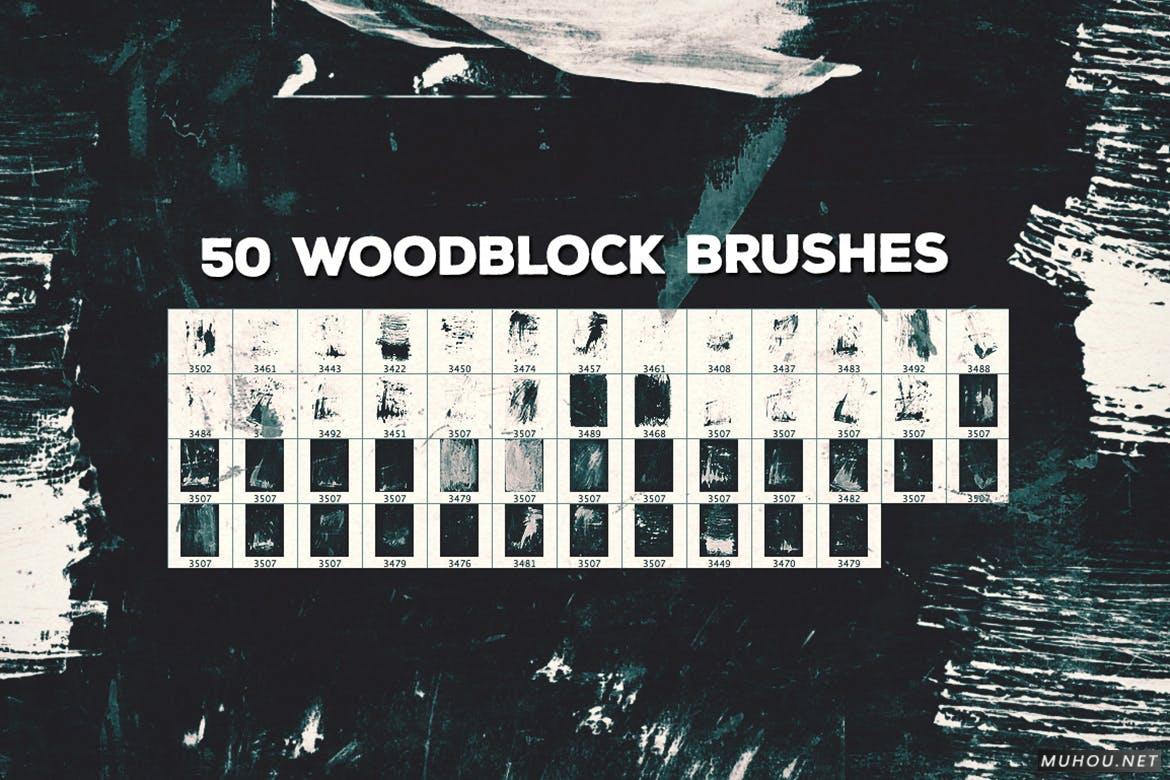 PS笔刷-50组老式木器木纹木质纹理笔刷素材 50 Vintage Woodblock Brushes插图