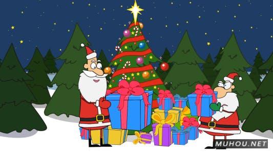 卡通圣诞老年人正在打开礼物视频AE模板插图