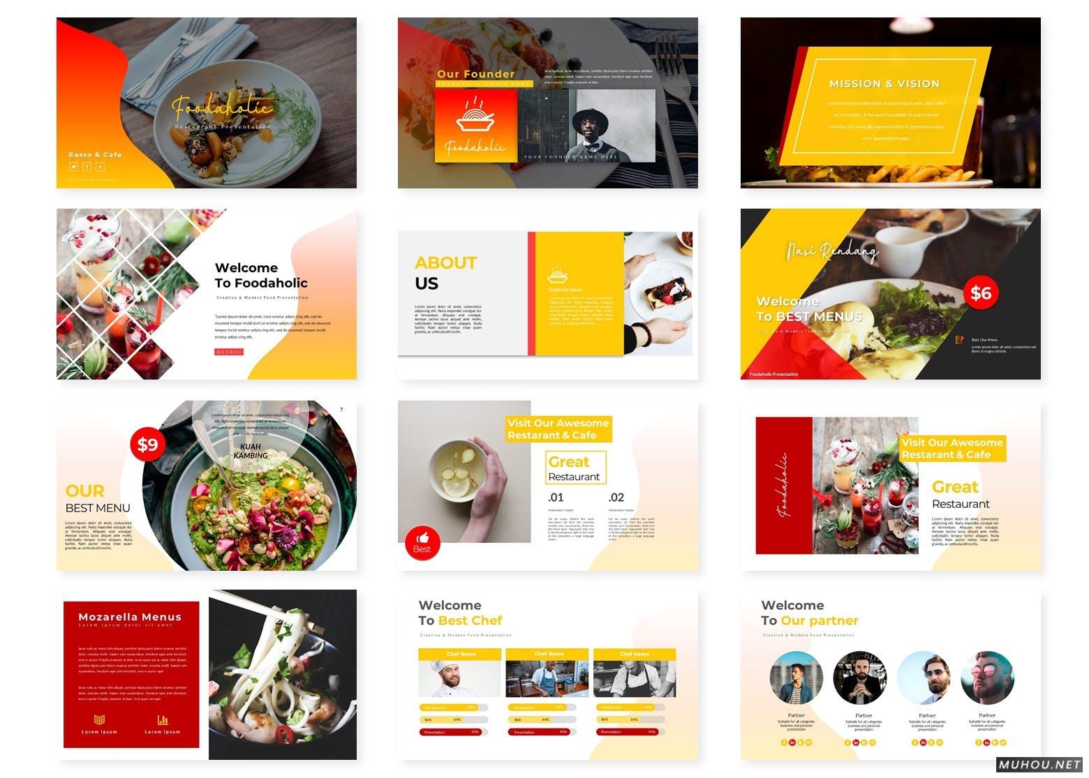 为餐厅业务量身打造的一套独特的美食主题创意Powerpoint模板（PPTX）插图1