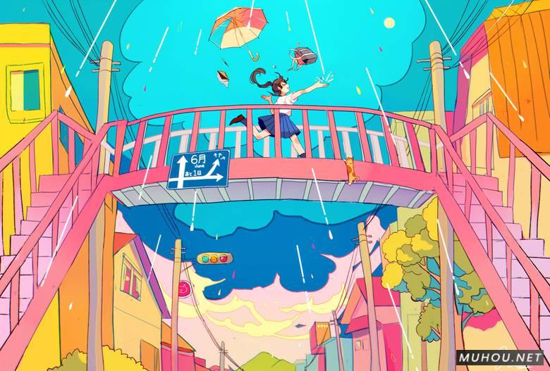 城市人行过街天桥上的风景插画作品插图3