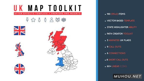 英国地图工具包国家标记UHD包装动画AE视频模板插图
