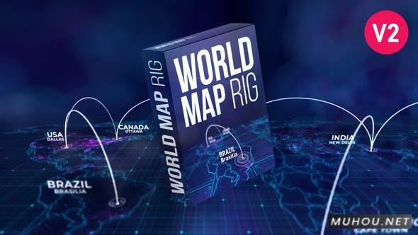 三维世界地图电线路劲连接动画AE模板视频素材 World Map Rig插图