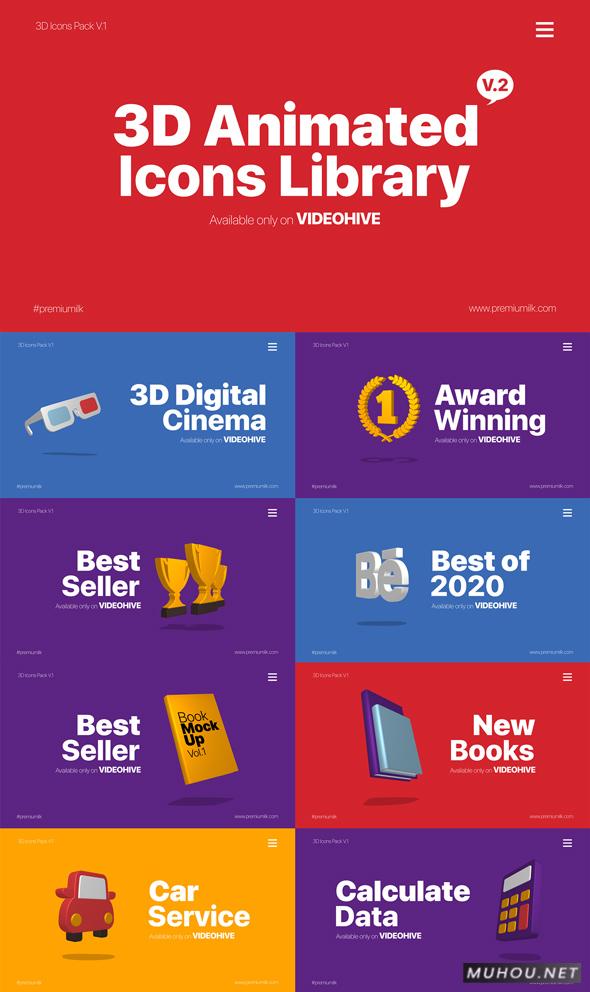 110个三维立体卡通动画图标库AE模板视频素材 3D Animated Icons Library - 幕后Muhou