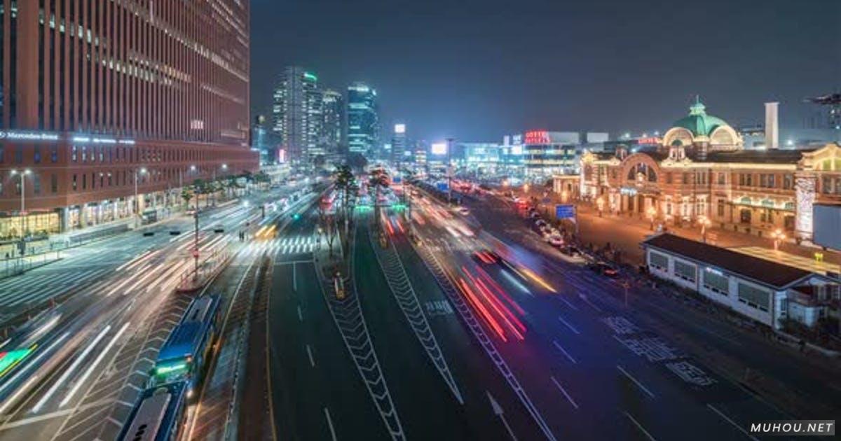 韩国首尔-夜间首尔火车站交通延时摄影视频素材