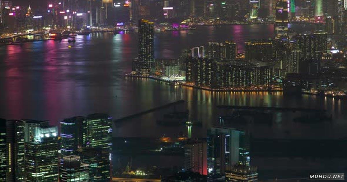 香港城市城市景观空中天际全景Timelapse at Night Pan Up延时摄影视频素材