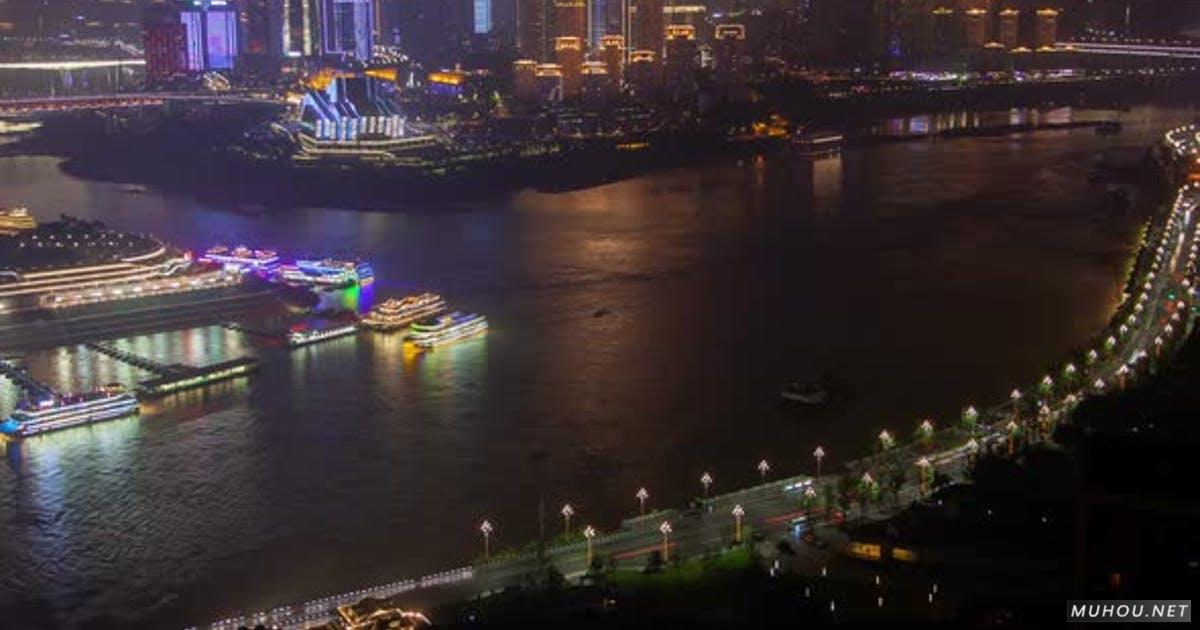 重庆夜城河景带桥航拍中国Timelapse Pan Up延时摄影视频素材