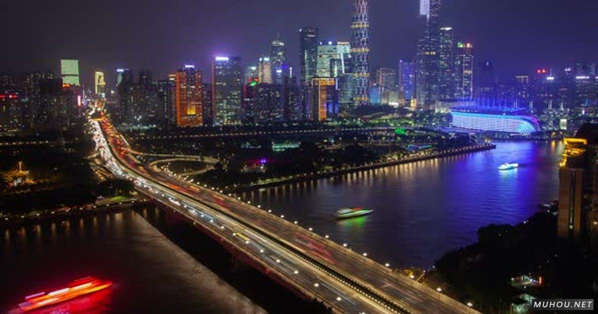 广州夜间商城空中城市风貌中国珠江与船交通和桥梁延时摄影视频素材