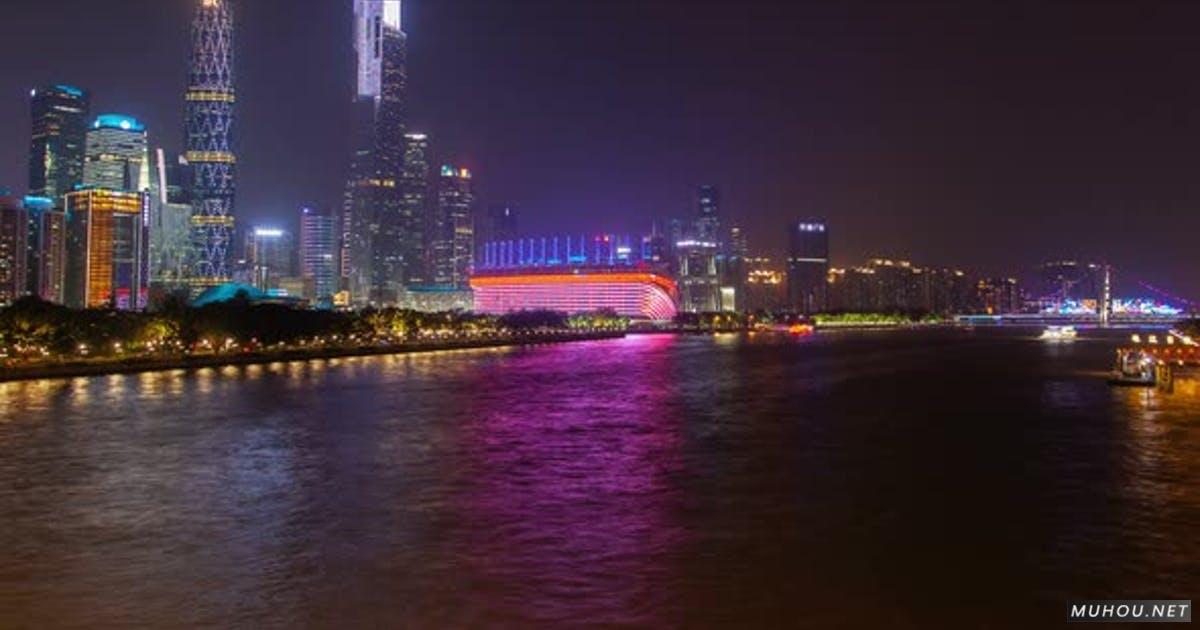 广州夜商城市容中国珠江带船交通Timelapse Pan Up延时摄影视频素材