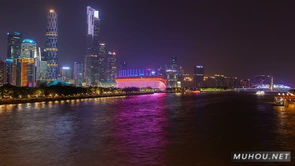 广州夜商城市容中国珠江带船交通Timelapse Pan Up延时摄影视频素材插图