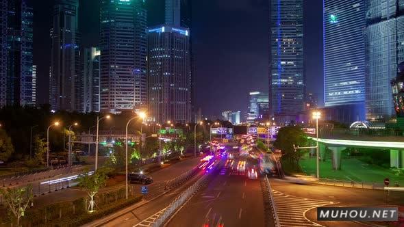 上海城市接到交通夜景超时缩小延时摄影视频素材插图