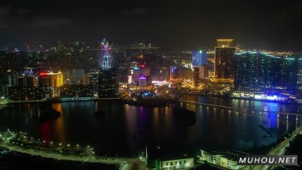 澳门半岛空中Cityscape Night Timelapse Pan Up延时摄影视频素材插图