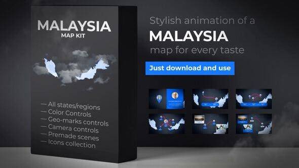 马来西亚动画地图-马来西亚地图套件AE视频模板插图