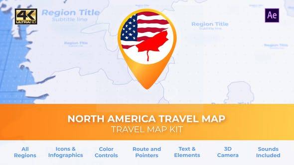 北美地图-北美旅游地图动画AE视频模板插图
