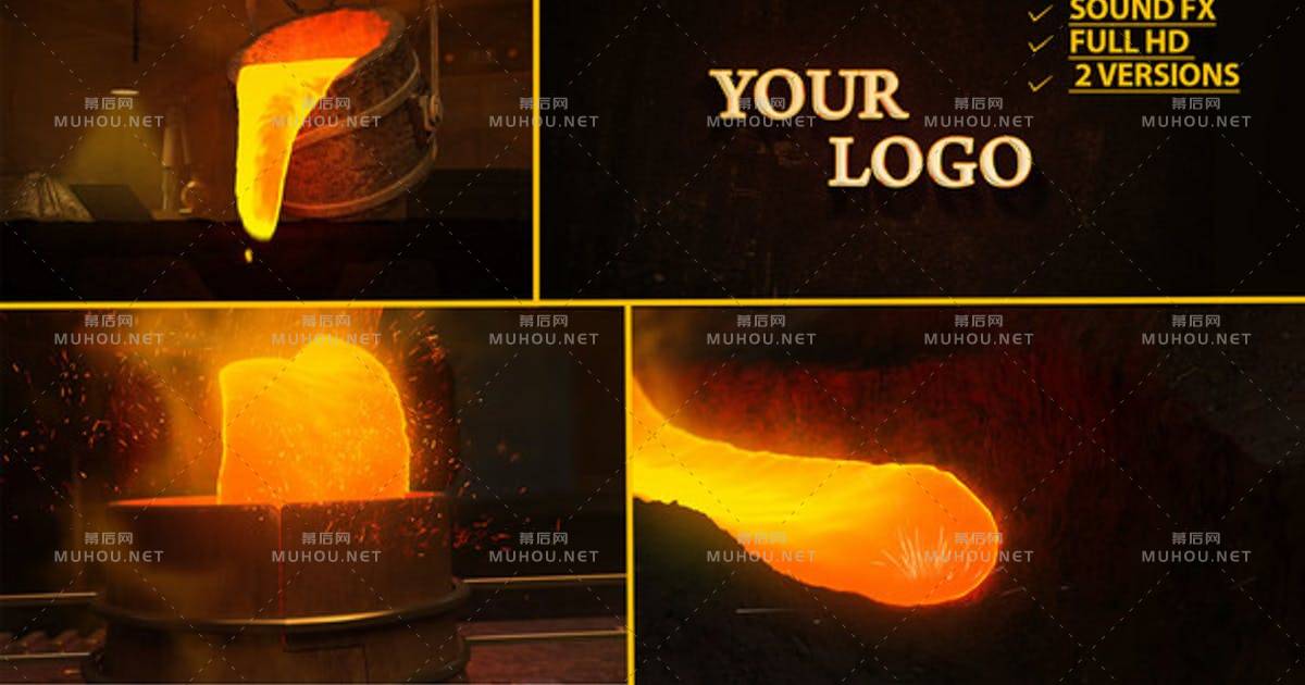 金属标志熔岩黄金冶炼燃烧火焰logo标志AE视频模板
