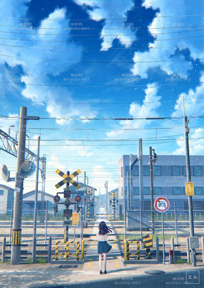 铁道口前的风景插画作品插图3