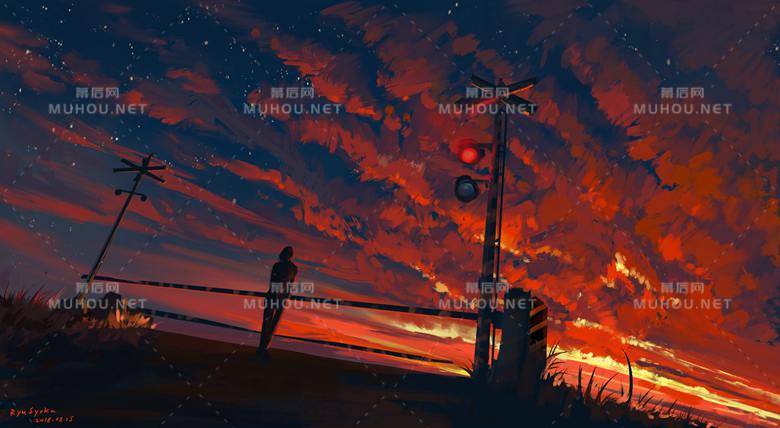 铁道口前的风景插画作品插图4