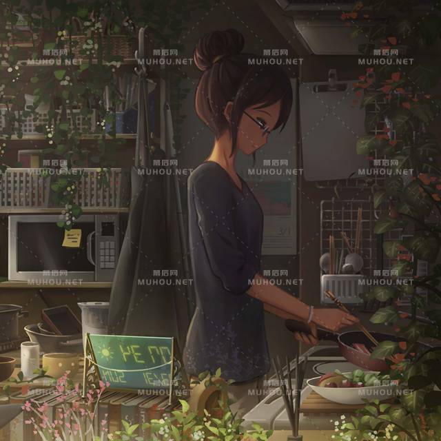 烹饪料理的厨房室内场景插画