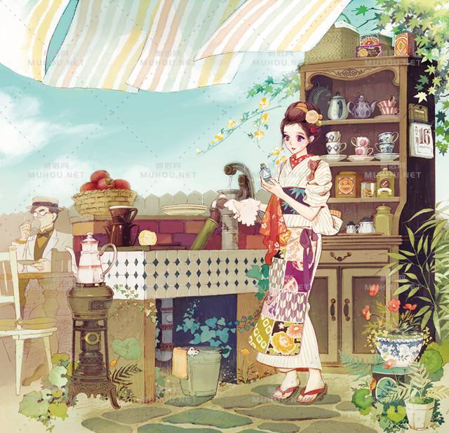 烹饪料理的厨房室内场景插画