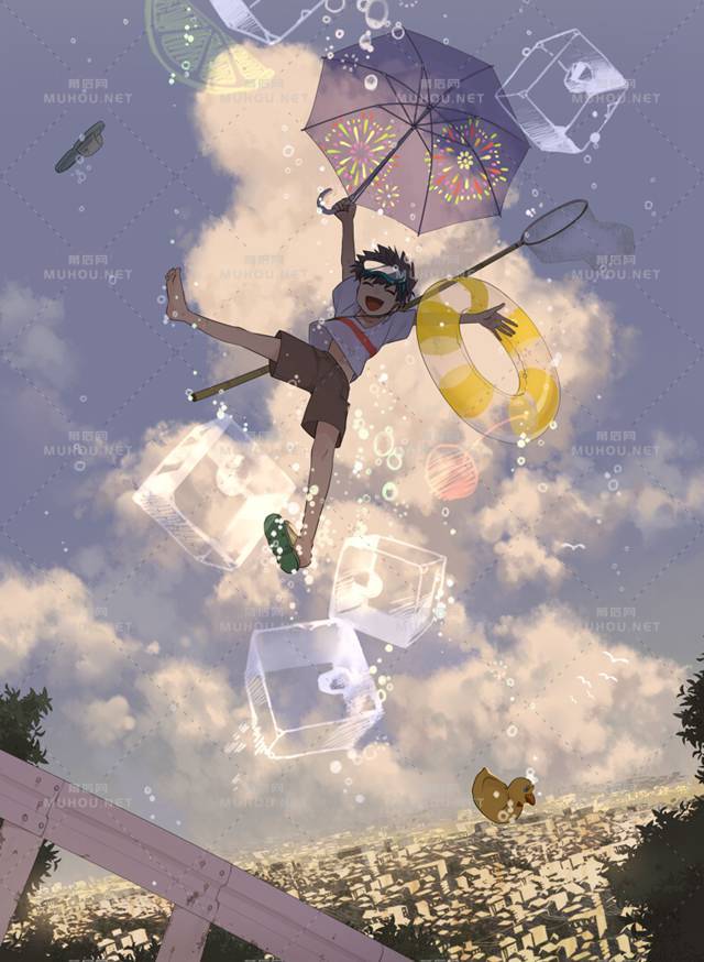夏天独有的蓝天碧海风景插画