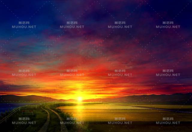 暖黄色的夕阳天空美景插画